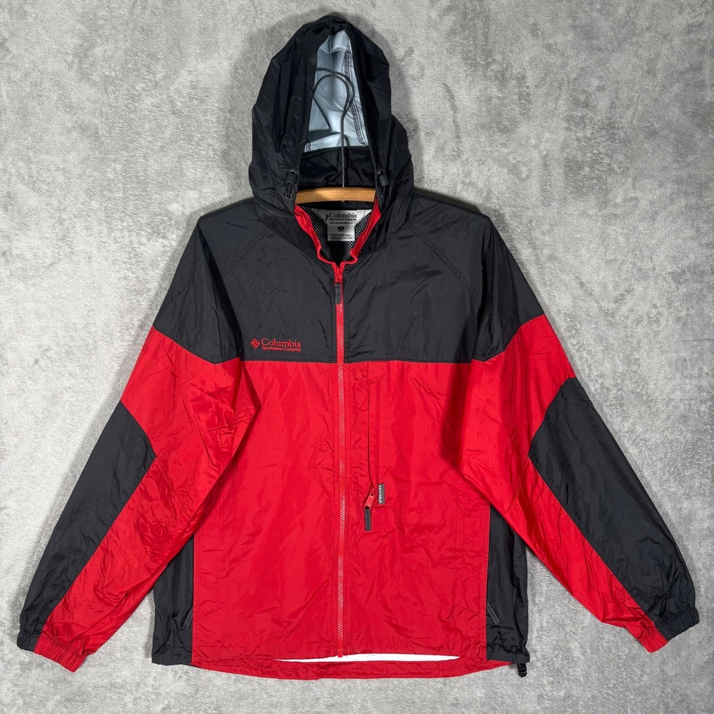 Columbia Mens RM 2411 Red Black Colorblock Packable Hooded Windbreaker Jacket M